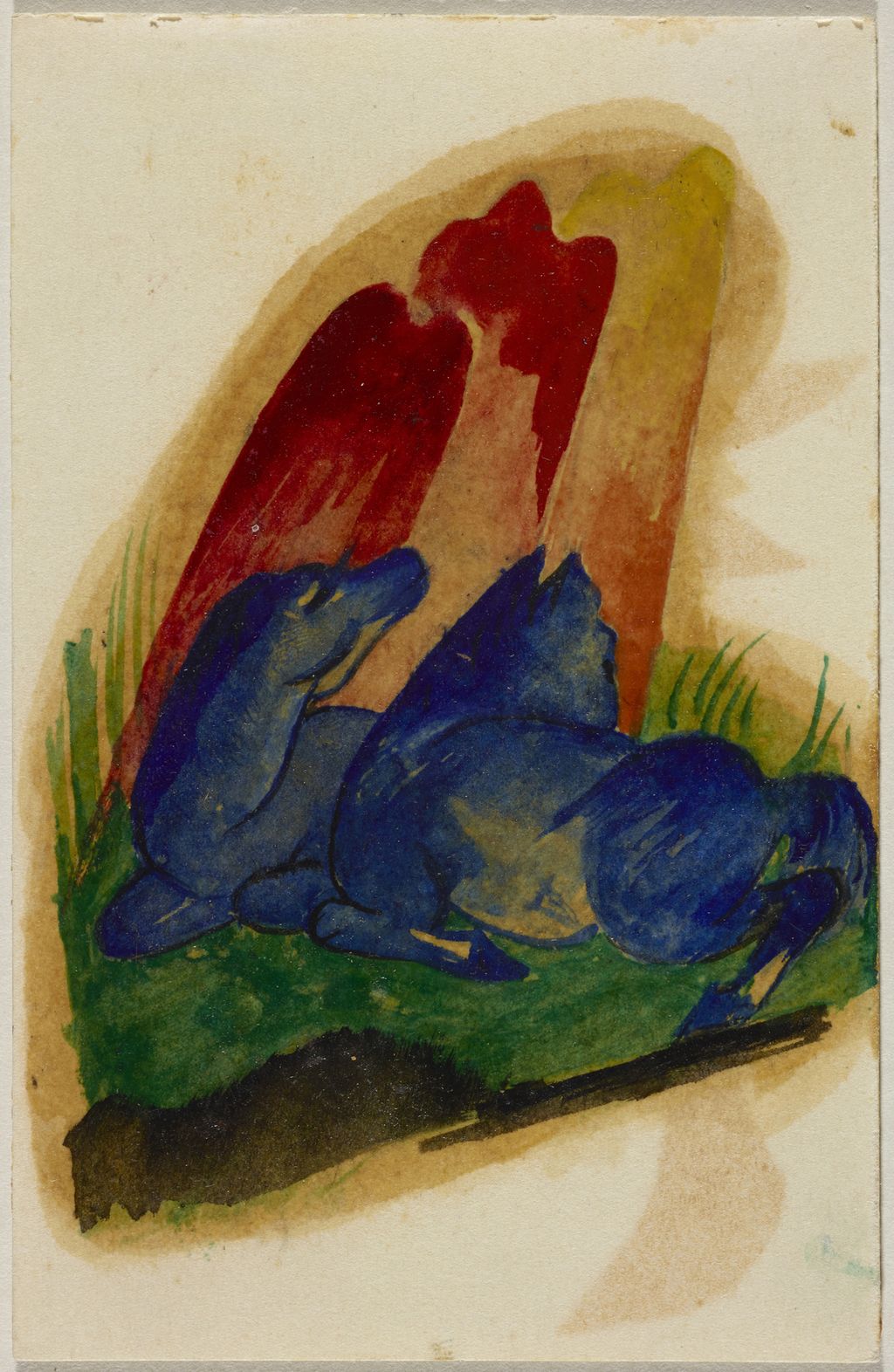 Franz Marc, two blue horses resting before a red rock, painted postcard of 1913